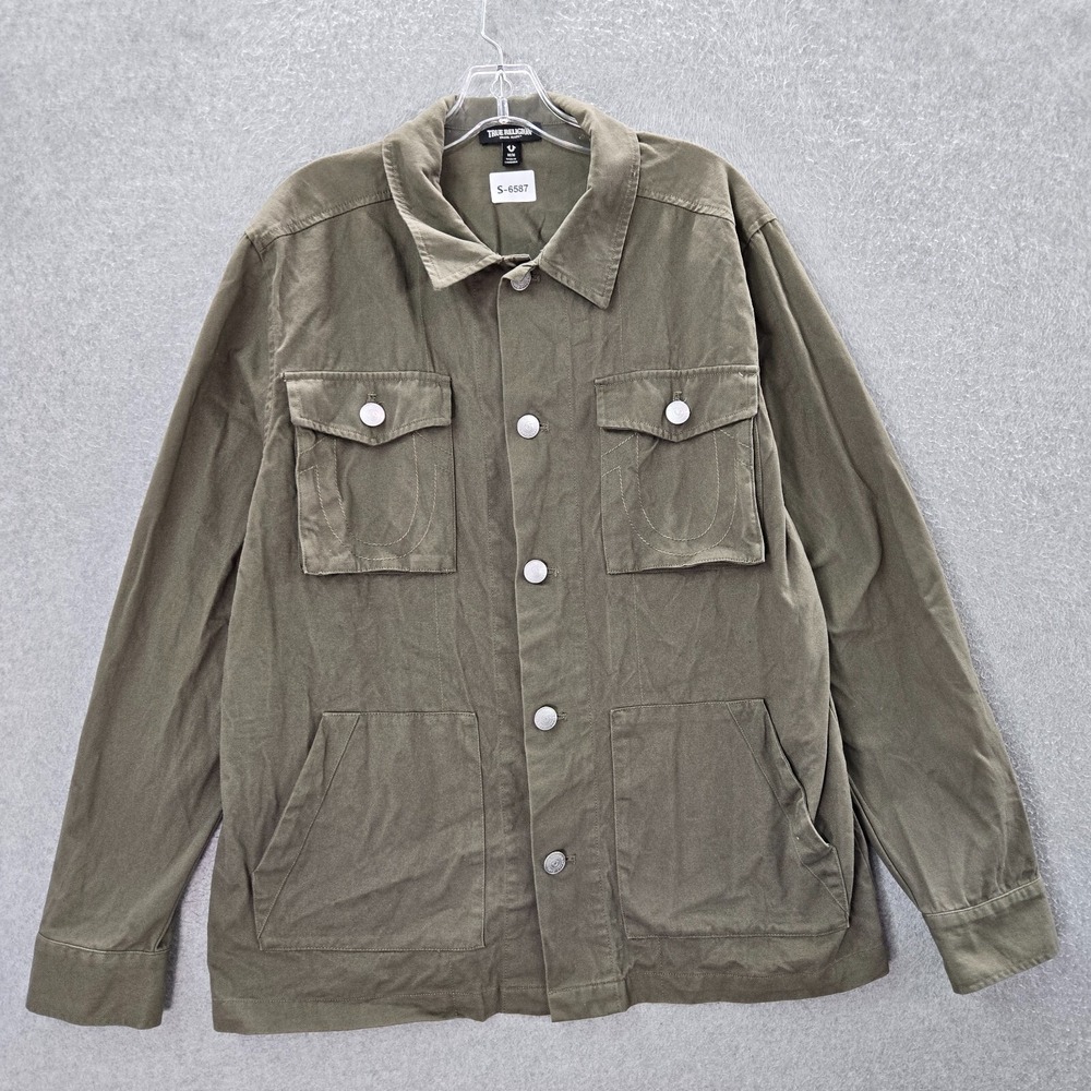 True Religion Men Jacket Medium Green Military Logo Buddha Long Sleeve